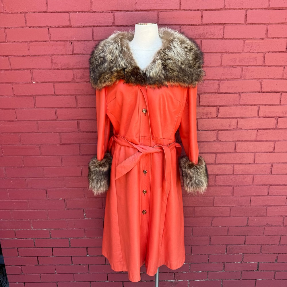Vtg 70s Penny Lane Trench Coat Orange Leather Rabbit Fur Collar Jacket Medium